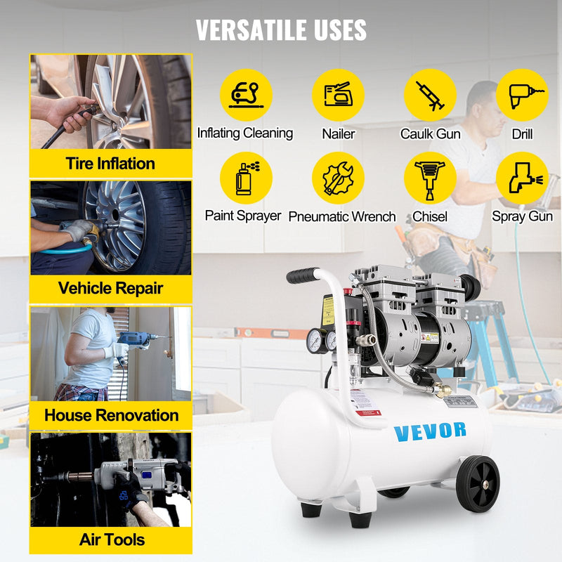 VEVOR gaisa kompresors 21 l, pārnēsājams, 1 HP, bez eļļas, tērauda tvertne, 750 W, plācenīša tipa, 8 bar (115 PSI), īpaši kluss, mājas remontam un riepu piepumpēšanai