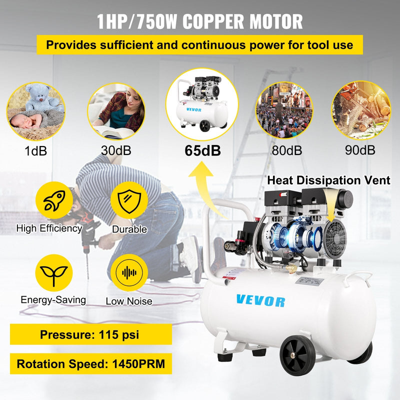 VEVOR gaisa kompresors 11 L, īpaši kluss, 1 HP, bez-eļļas, tērauda tvertne, 750 W, pārnēsājams, 8 bar, mājas remontam un riepu piepumpēšanai
