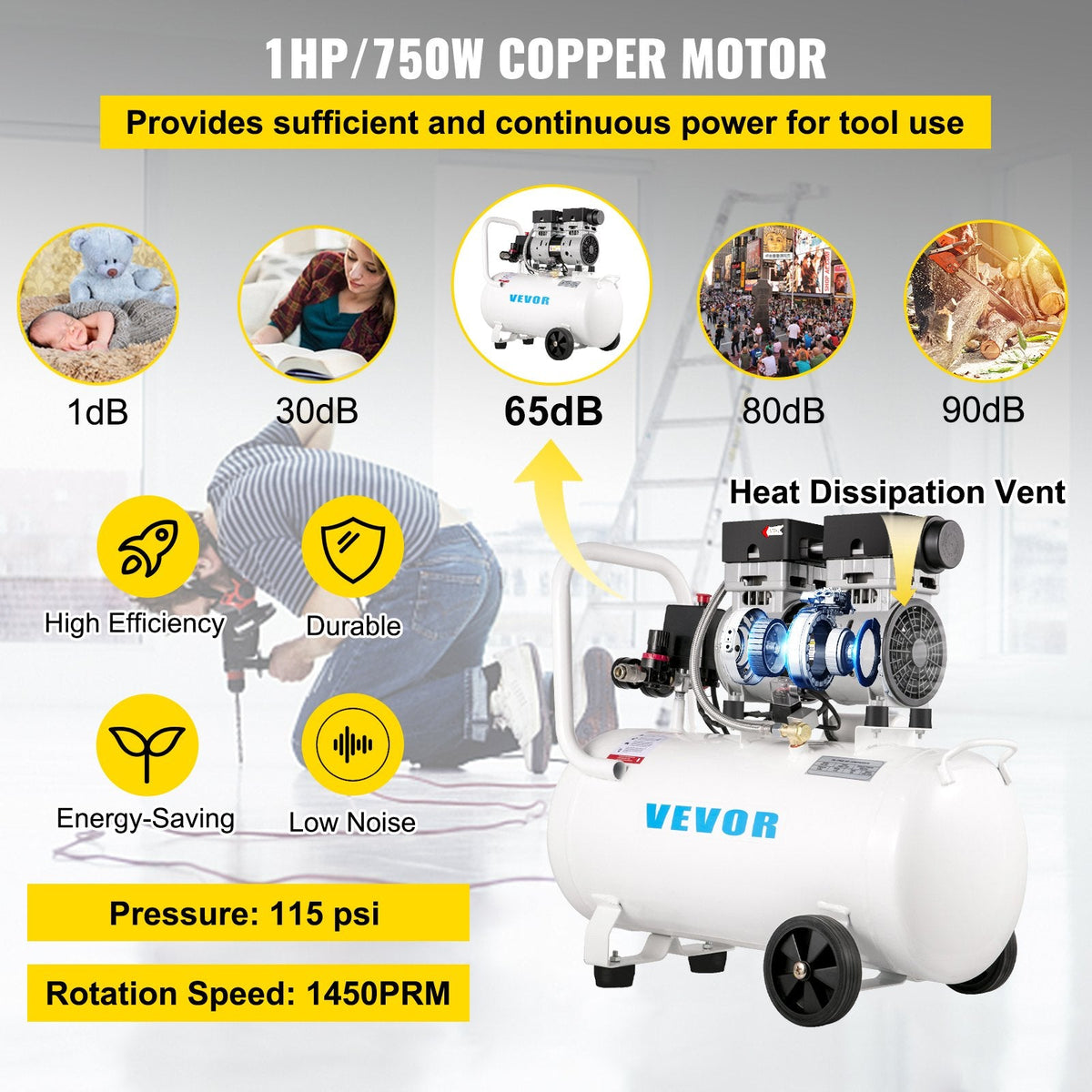 VEVOR gaisa kompresors 11 L, īpaši kluss, 1 HP, bez-eļļas, tērauda tvertne, 750 W, pārnēsājams, 8 bar, mājas remontam un riepu piepumpēšanai