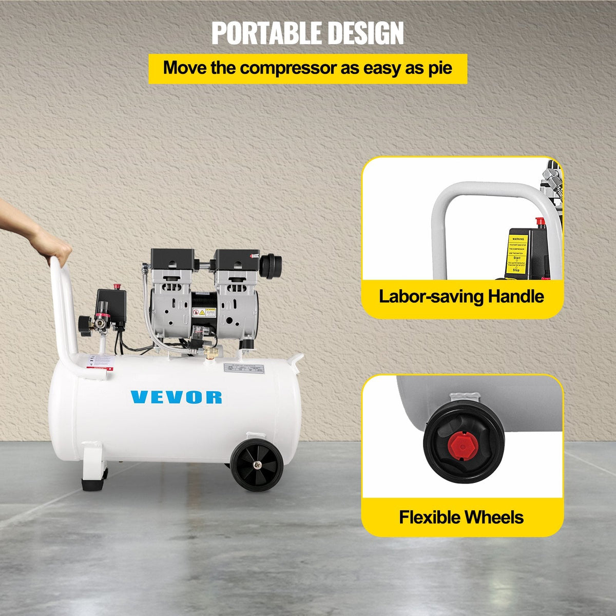 VEVOR gaisa kompresors 11 L, īpaši kluss, 1 HP, bez-eļļas, tērauda tvertne, 750 W, pārnēsājams, 8 bar, mājas remontam un riepu piepumpēšanai