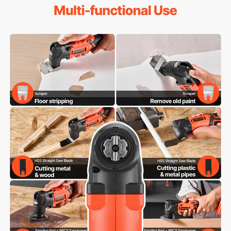 VEVOR bezvadu daudzfunkcionālais oscilējošais instruments 20 V ar 6 ātrumiem (8500–17000 OPM), 3,2° svārstību leņķi, 2,0 Ah akumulatoru un lādētāju, 12 zāģēšanas piederumiem un LED darba apgaismojumu