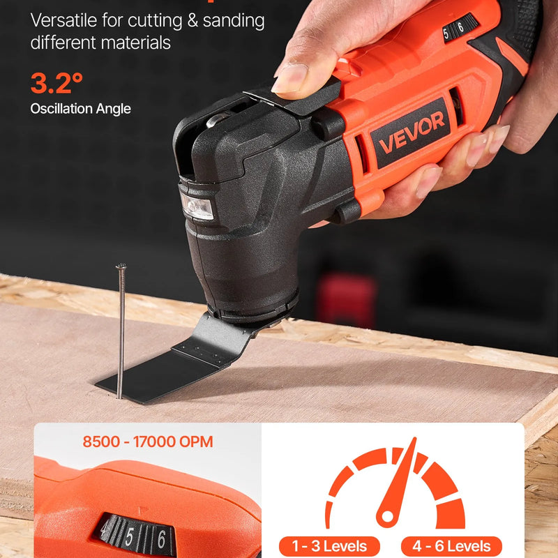 VEVOR bezvadu daudzfunkcionālais oscilējošais instruments 20 V ar 6 ātrumiem (8500–17000 OPM), 3,2° svārstību leņķi, 2,0 Ah akumulatoru un lādētāju, 12 zāģēšanas piederumiem un LED darba apgaismojumu