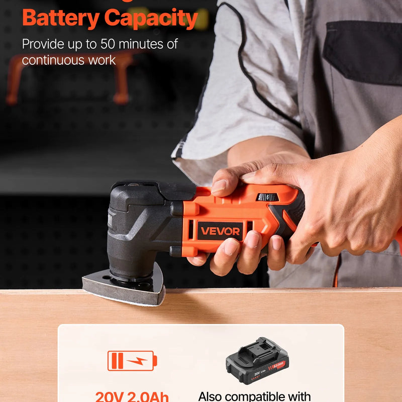 VEVOR bezvadu daudzfunkcionālais oscilējošais instruments 20 V ar 6 ātrumiem (8500–17000 OPM), 3,2° svārstību leņķi, 2,0 Ah akumulatoru un lādētāju, 12 zāģēšanas piederumiem un LED darba apgaismojumu