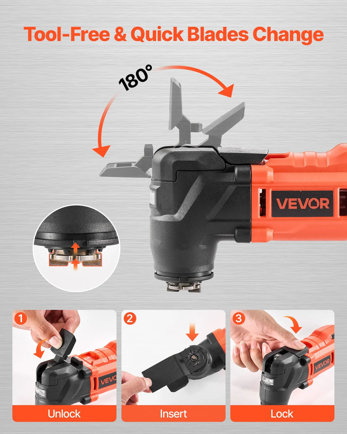 VEVOR bezvadu daudzfunkcionālais oscilējošais instruments 20 V ar 6 ātrumiem (8500–17000 OPM), 3,2° svārstību leņķi, 2,0 Ah akumulatoru un lādētāju, 12 zāģēšanas piederumiem un LED darba apgaismojumu