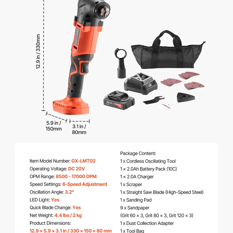 VEVOR bezvadu daudzfunkcionālais oscilējošais instruments 20 V ar 6 ātrumiem (8500–17000 OPM), 3,2° svārstību leņķi, 2,0 Ah akumulatoru un lādētāju, 12 zāģēšanas piederumiem un LED darba apgaismojumu