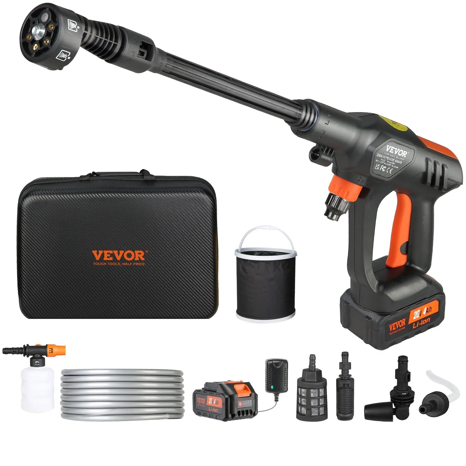 VEVOR Cordless Portable High-Pressure Washer with a 4.0 Ah Battery and Charger, 4.5 MPa Pressure, a water flow rate of 4.2 L/min, and a 6-in-1 nozzle for cleaning the house, floors, and watering