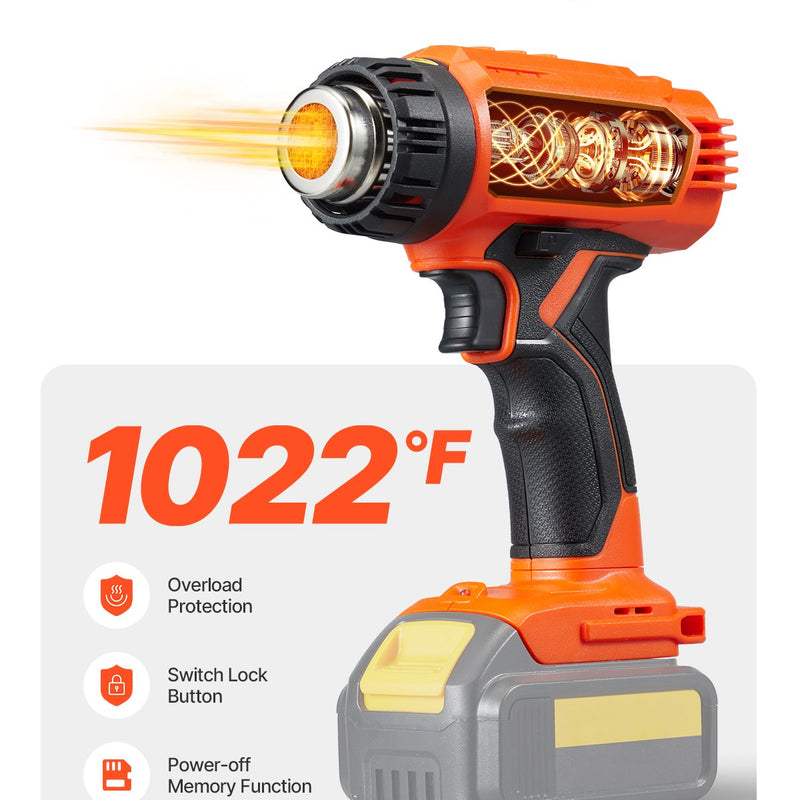 VEVOR juhtmevaba kuumaõhu föön LED-valgusega, 6 temperatuuri seadistusega ja 4 pihustiga