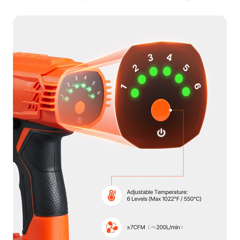 VEVOR juhtmevaba kuumaõhu föön LED-valgusega, 6 temperatuuri seadistusega ja 4 pihustiga