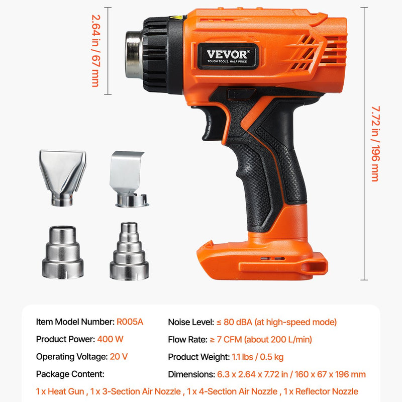 VEVOR juhtmevaba kuumaõhu föön LED-valgusega, 6 temperatuuri seadistusega ja 4 pihustiga