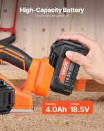 VEVOR bezvadu rokas ēvele, 82 mm ēvelēšanas platums, 15 000 apgr./min elektriskā rokas koka ēvele ar 4 Ah 18 V litija akumulatoru, bezsuku motors, regulējams ēvelēšanas dziļums, putekļu savākšanas maiss, kokapstrādei