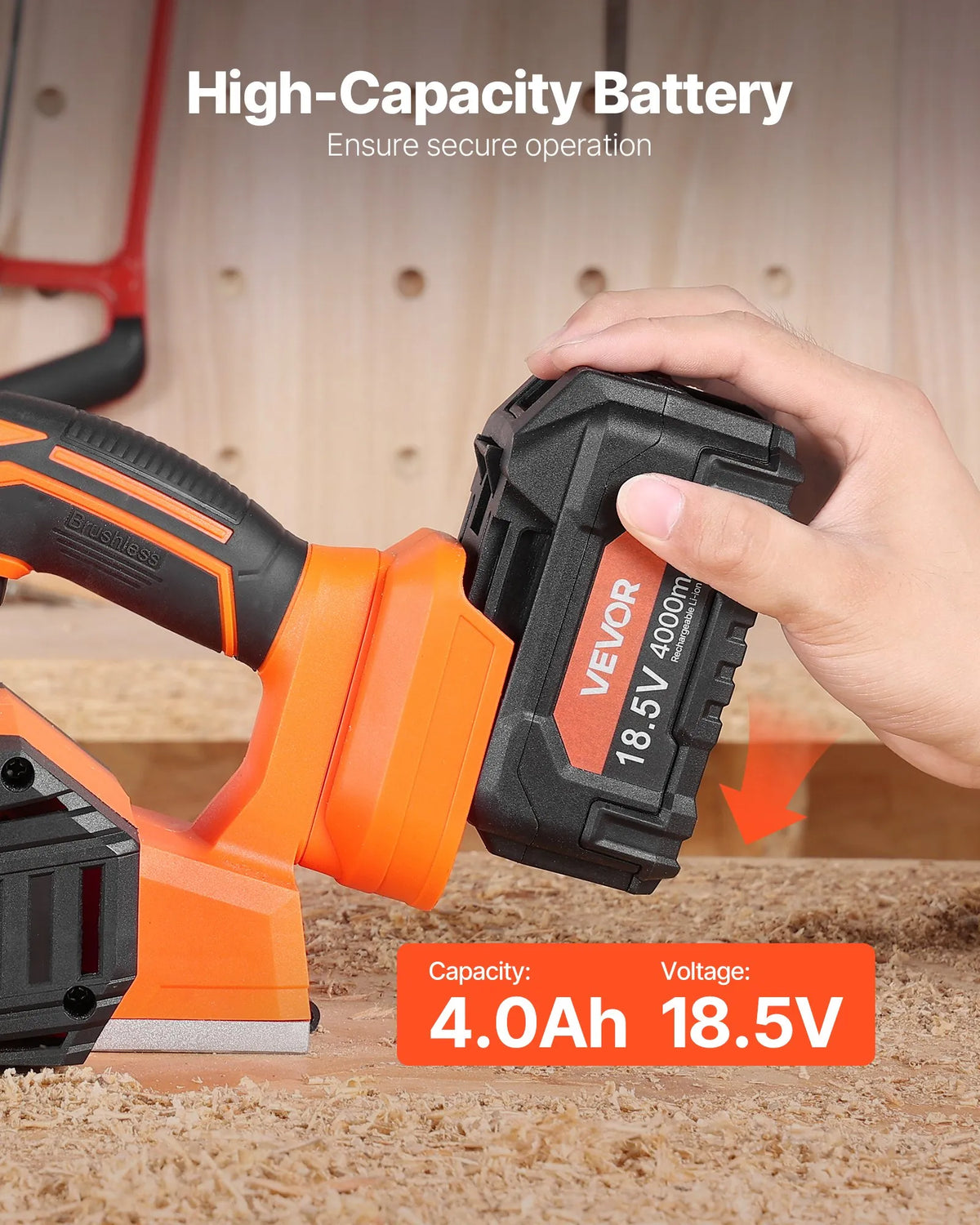 VEVOR bezvadu rokas ēvele, 82 mm ēvelēšanas platums, 15 000 apgr./min elektriskā rokas koka ēvele ar 4 Ah 18 V litija akumulatoru, bezsuku motors, regulējams ēvelēšanas dziļums, putekļu savākšanas maiss, kokapstrādei