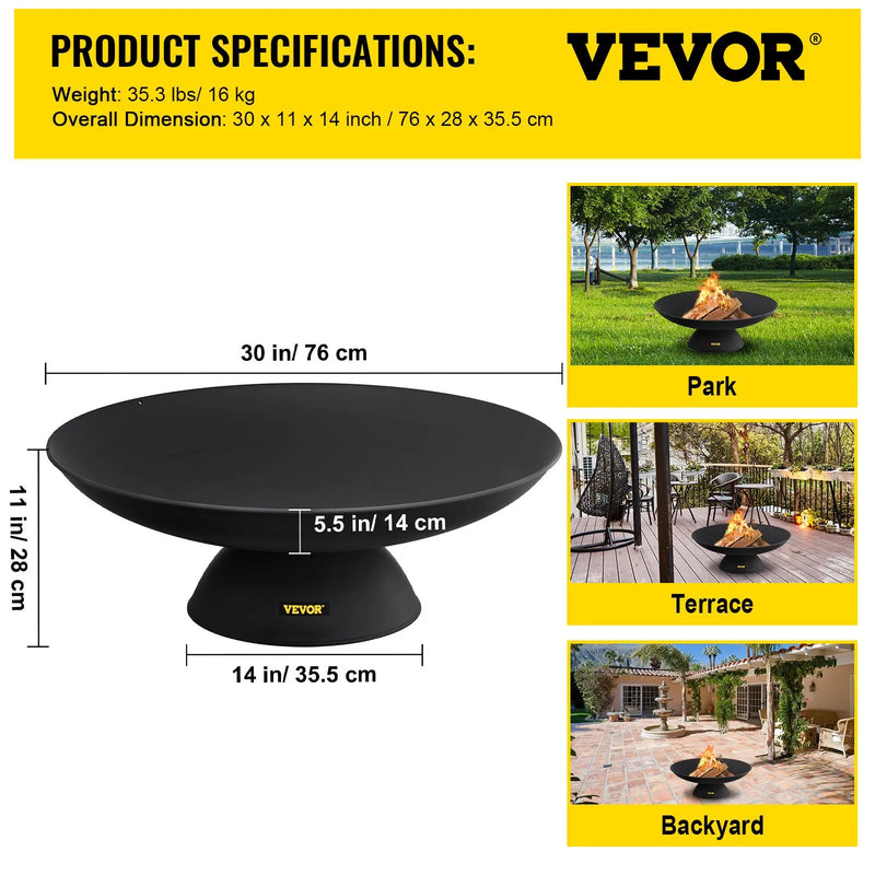 VEVOR ugunskura bļoda 76 cm, dziļa apaļa čuguna ugunskura bļoda malkai, āra terasēm, pagalmiem un kempingiem, ar stabilu pamatni un ugunskura koku kociņu, melna