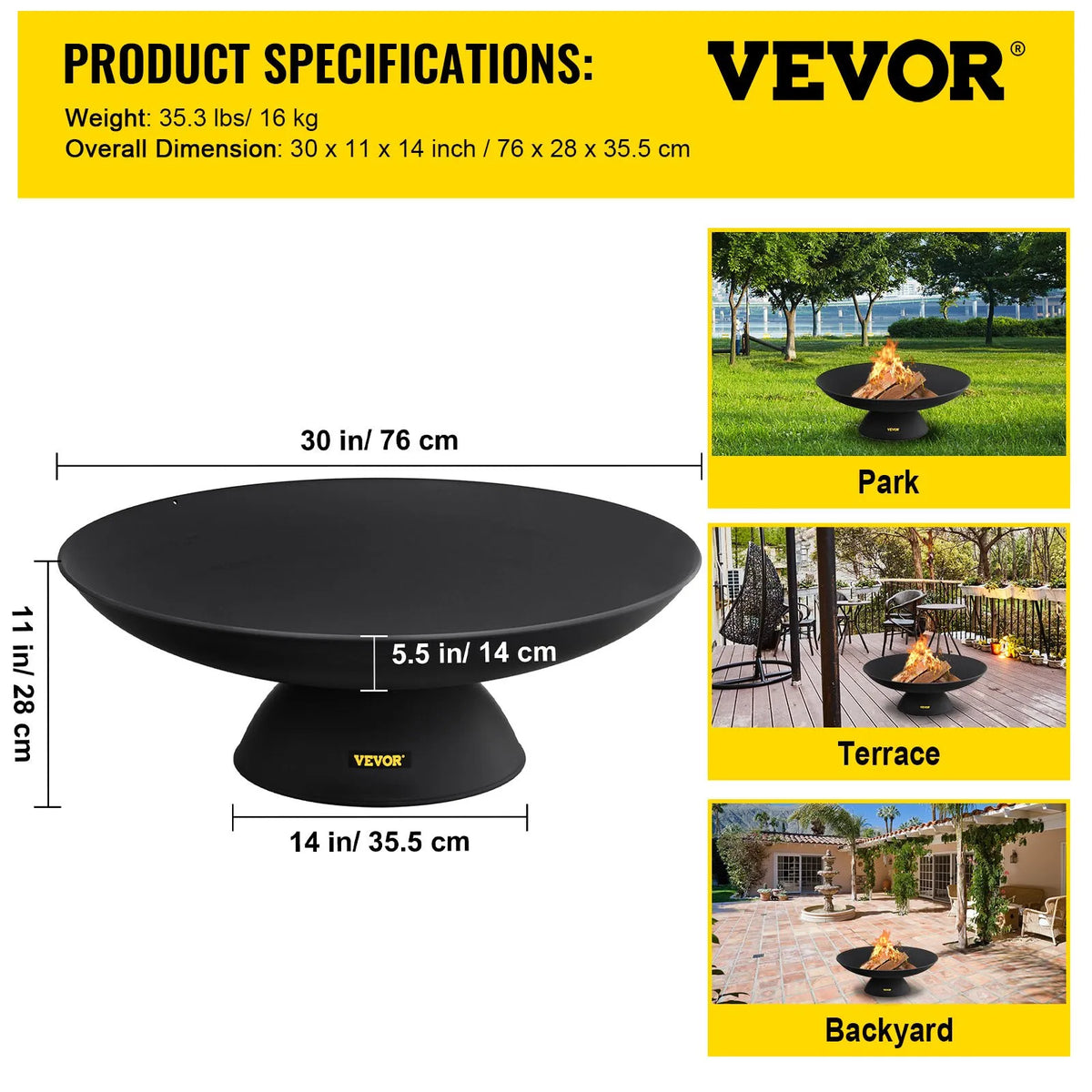 VEVOR ugunskura bļoda 76 cm, dziļa apaļa čuguna ugunskura bļoda malkai, āra terasēm, pagalmiem un kempingiem, ar stabilu pamatni un ugunskura koku kociņu, melna