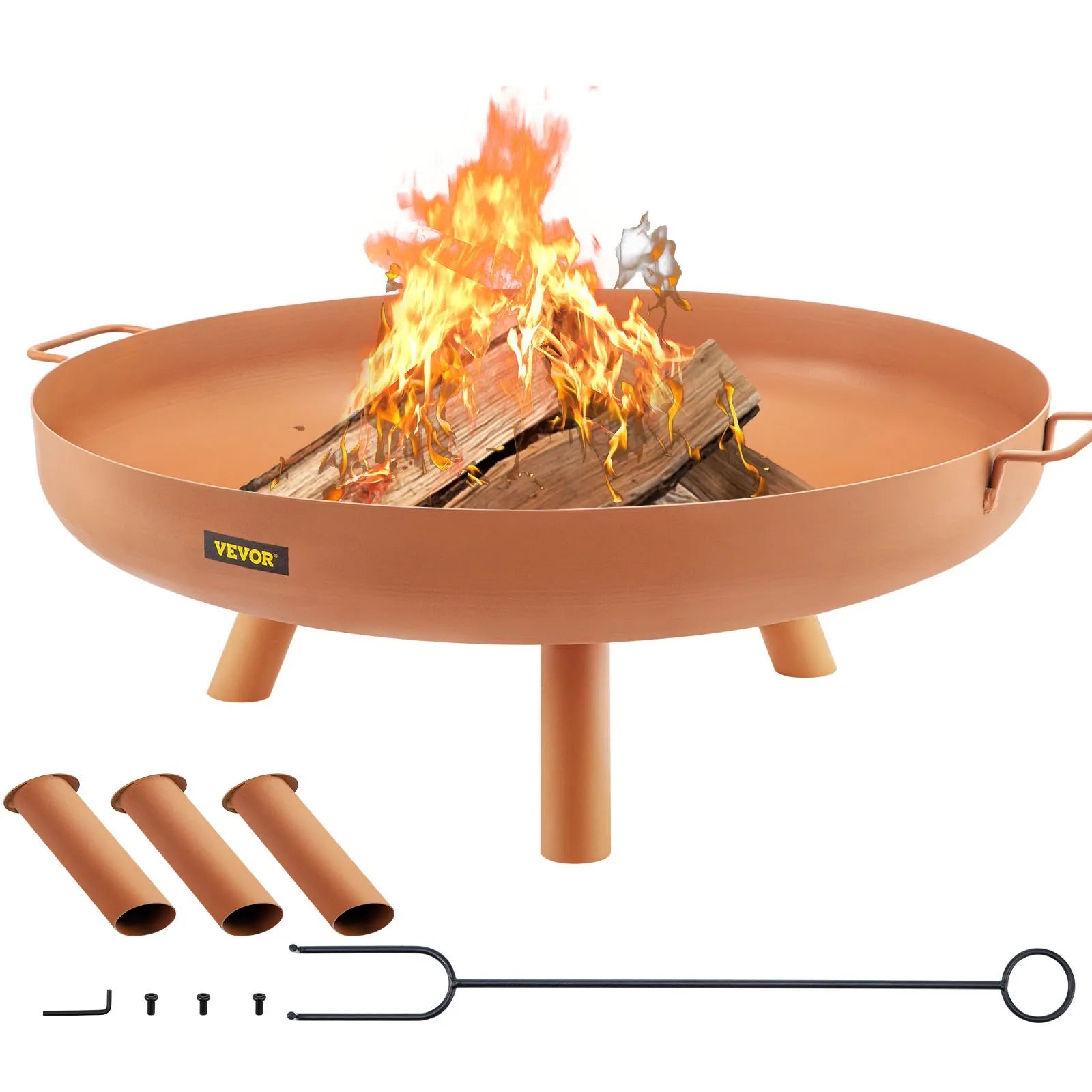 VEVOR Fire Pit Bowl, 76 cm deep round carbon steel fire pit bowl for burning firewood on patios, backyards, and camping, with a drainage hole, carrying handles, and a firewood log, brown