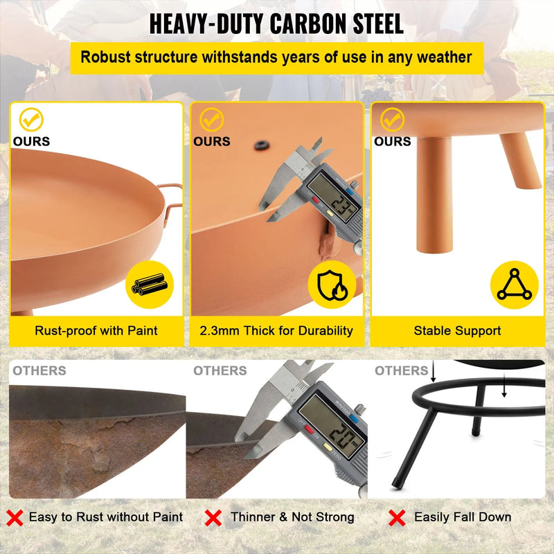 VEVOR ugunskura bļoda, 76 cm dziļa apaļa ugunskura bļoda no oglekļa tērauda, malkas kurināšanai terasēm, pagalmiem un kempingam, ar drenāžas atveri, pārnēsājamiem rokturiem un malkas kociņu, brūnā krāsā