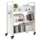 Ripojošs bibliotēkas grāmatu ratiņš, 150 kg kravnesība, 97 × 51,5 × 122,5 cm, ar divpusējiem W veida plauktiem un 76,2 mm fiksējamiem riteņiem, grāmatu ratiņš mājai, birojam un skolai, balts
