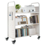 Ripojošs bibliotēkas grāmatu ratiņš, 150 kg kravnesība, 97 × 51,5 × 122,5 cm, ar divpusējiem W veida plauktiem un 76,2 mm fiksējamiem riteņiem, grāmatu ratiņš mājai, birojam un skolai, balts