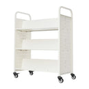 Ripojošs bibliotēkas grāmatu ratiņš, 150 kg kravnesība, 97 × 51,5 × 122,5 cm, ar divpusējiem W veida plauktiem un 76,2 mm fiksējamiem riteņiem, grāmatu ratiņš mājai, birojam un skolai, balts