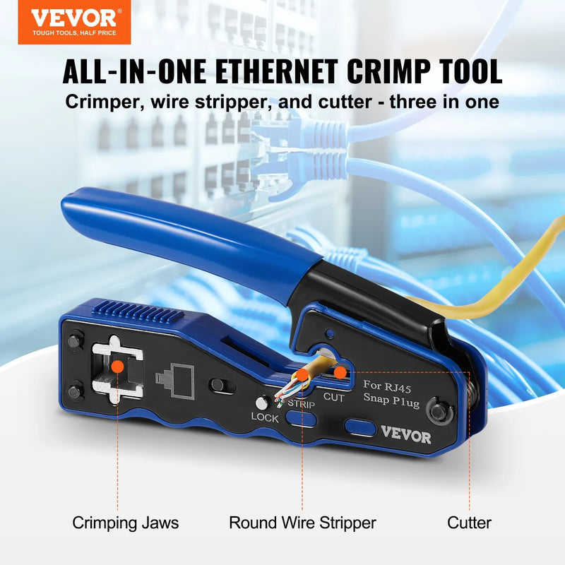 VEVOR RJ45 presformas komplekts, Cat5e/Cat6/Cat6a, 8 kontaktu spraudņiem, ar 20 caurejošiem savienotājiem un aizsargiem, vadu noņēmēju un tīkla testeri