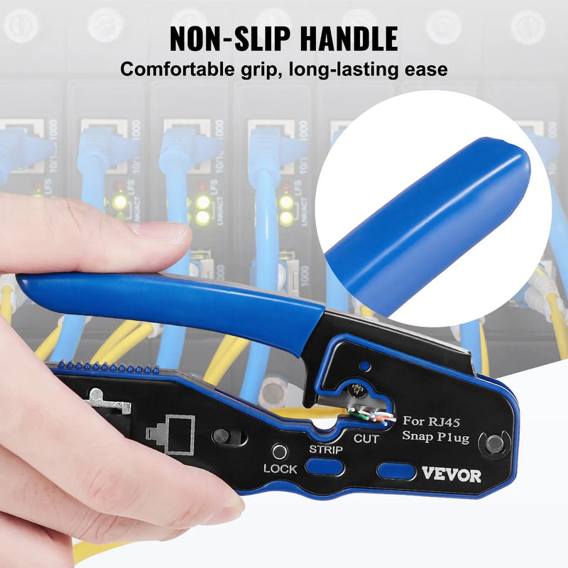 VEVOR RJ45 presformas komplekts, Cat5e/Cat6/Cat6a, 8 kontaktu spraudņiem, ar 20 caurejošiem savienotājiem un aizsargiem, vadu noņēmēju un tīkla testeri