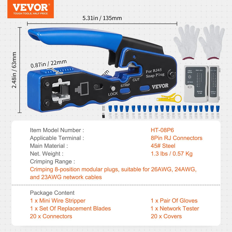 VEVOR RJ45 presformas komplekts, Cat5e/Cat6/Cat6a, 8 kontaktu spraudņiem, ar 20 caurejošiem savienotājiem un aizsargiem, vadu noņēmēju un tīkla testeri
