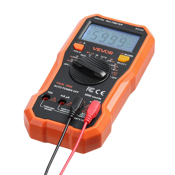 VEVOR digitālais multimetrs, 6000 vienību TRMS maiņstrāvas un līdzstrāvas voltmetrs/ampērmetrs, profesionāls NCV multimetrs sprieguma, strāvas, pretestības, kapacitātes, darba cikla, temperatūras, diodes, nepārtrauktības un fāzes vadītāja pārbaudei
