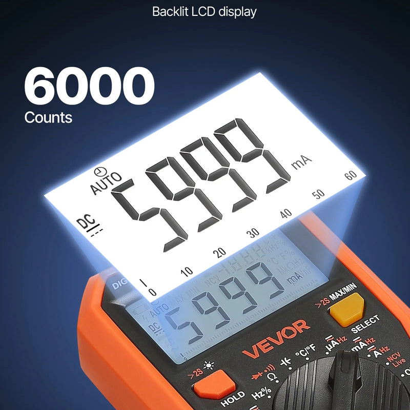 VEVOR digitālais multimetrs, 6000 vienību TRMS maiņstrāvas un līdzstrāvas voltmetrs/ampērmetrs, profesionāls NCV multimetrs sprieguma, strāvas, pretestības, kapacitātes, darba cikla, temperatūras, diodes, nepārtrauktības un fāzes vadītāja pārbaudei