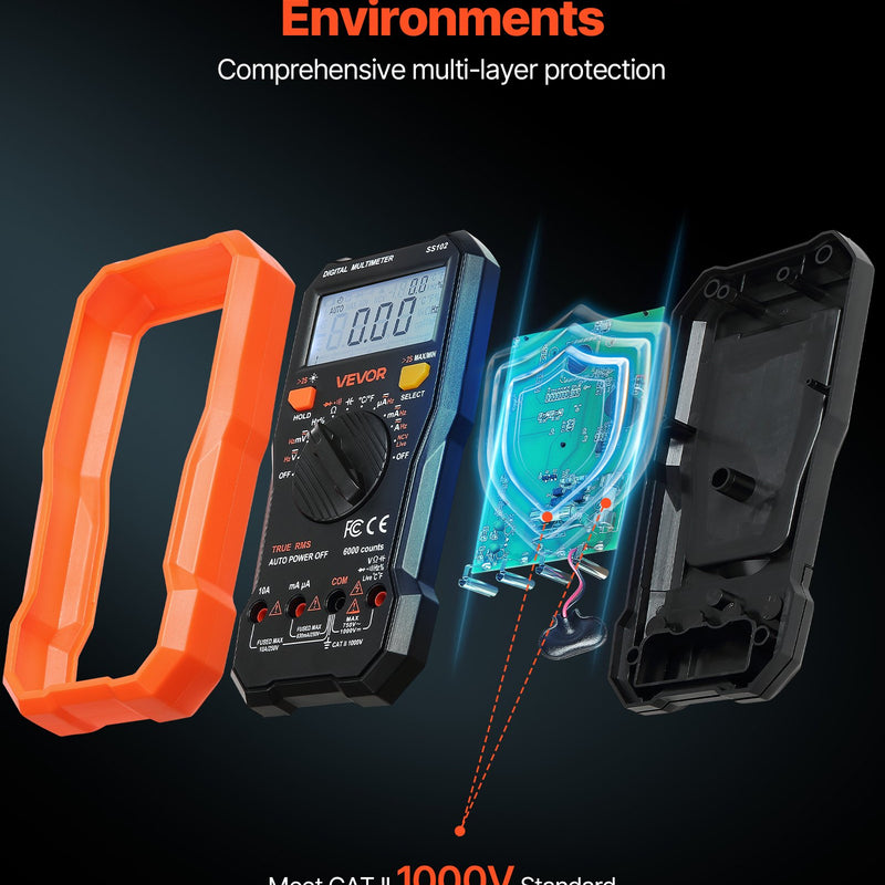 VEVOR digitālais multimetrs, 6000 vienību TRMS maiņstrāvas un līdzstrāvas voltmetrs/ampērmetrs, profesionāls NCV multimetrs sprieguma, strāvas, pretestības, kapacitātes, darba cikla, temperatūras, diodes, nepārtrauktības un fāzes vadītāja pārbaudei