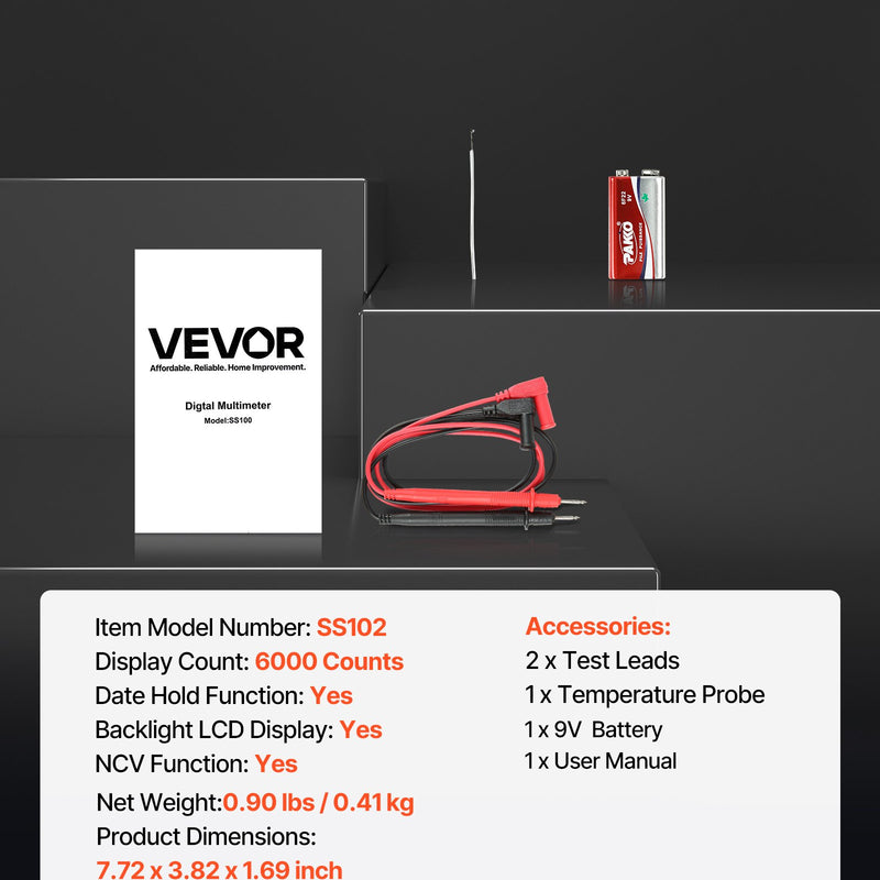VEVOR digitālais multimetrs, 6000 vienību TRMS maiņstrāvas un līdzstrāvas voltmetrs/ampērmetrs, profesionāls NCV multimetrs sprieguma, strāvas, pretestības, kapacitātes, darba cikla, temperatūras, diodes, nepārtrauktības un fāzes vadītāja pārbaudei