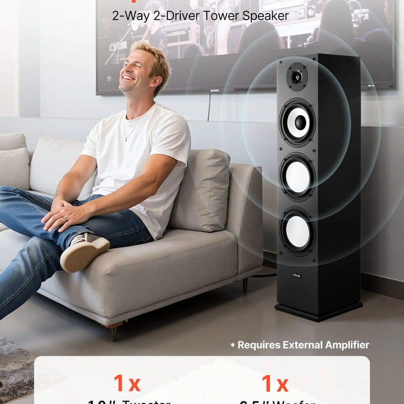 VEVOR 2-ceļu grīdas skaļrunis ar 25,4 mm tviteri, 165,1 mm zemo frekvenču skaļruni, 200 W maksimumjaudu un MDF korpusu, 70–20 000 Hz, viens gabals