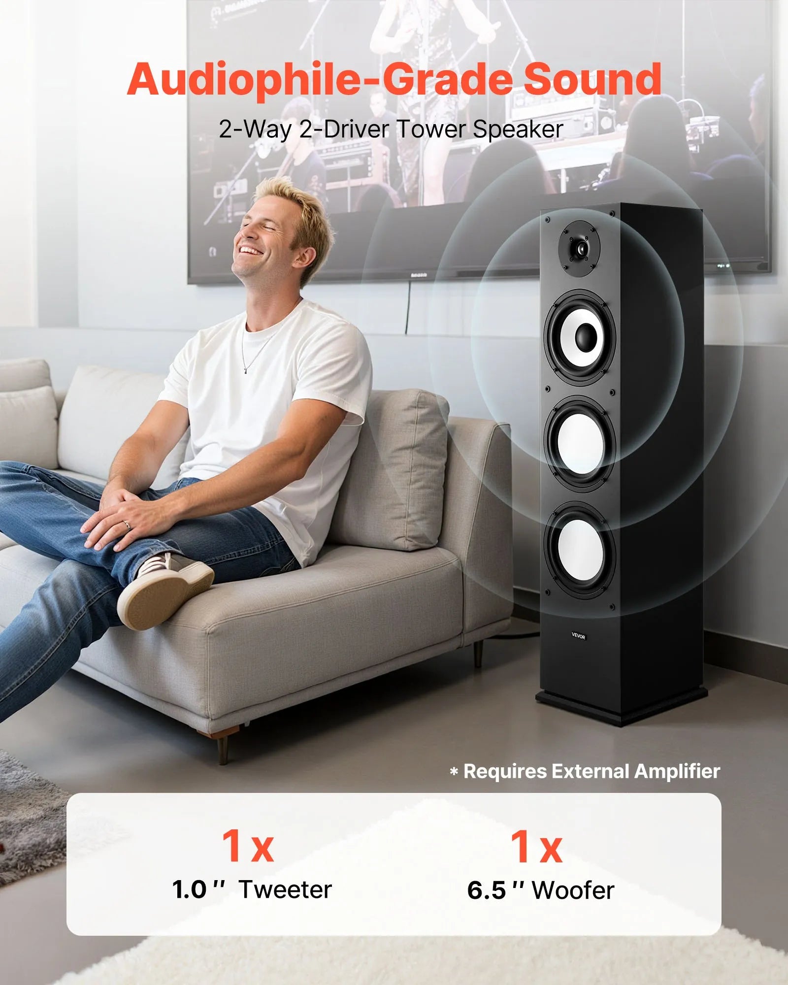 VEVOR 2-ceļu grīdas skaļrunis ar 25,4 mm tviteri, 165,1 mm zemo frekvenču skaļruni, 200 W maksimumjaudu un MDF korpusu, 70–20 000 Hz, viens gabals