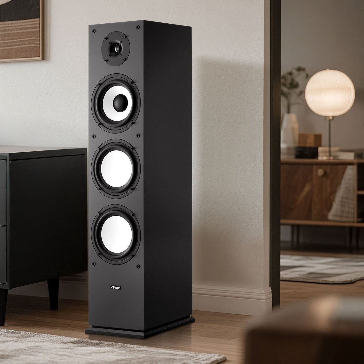 VEVOR 2-ceļu grīdas skaļrunis ar 25,4 mm tviteri, 165,1 mm zemo frekvenču skaļruni, 200 W maksimumjaudu un MDF korpusu, 70–20 000 Hz, viens gabals