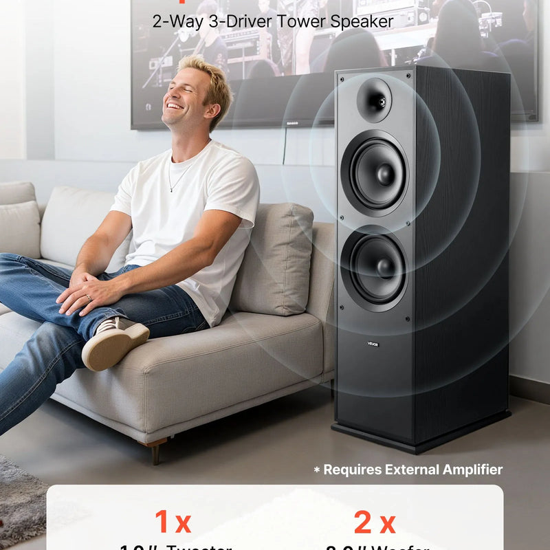 VEVOR grīdas skaļrunis, 2-ceļu torņa tipa modelis ar 25,4 mm augstfrekvences skaļruni un diviem 203,2 mm zemfrekvences skaļruņiem, 600 W maksimumjauda, 50 Hz–20 kHz frekvenču diapazons, MDF korpuss, vienība