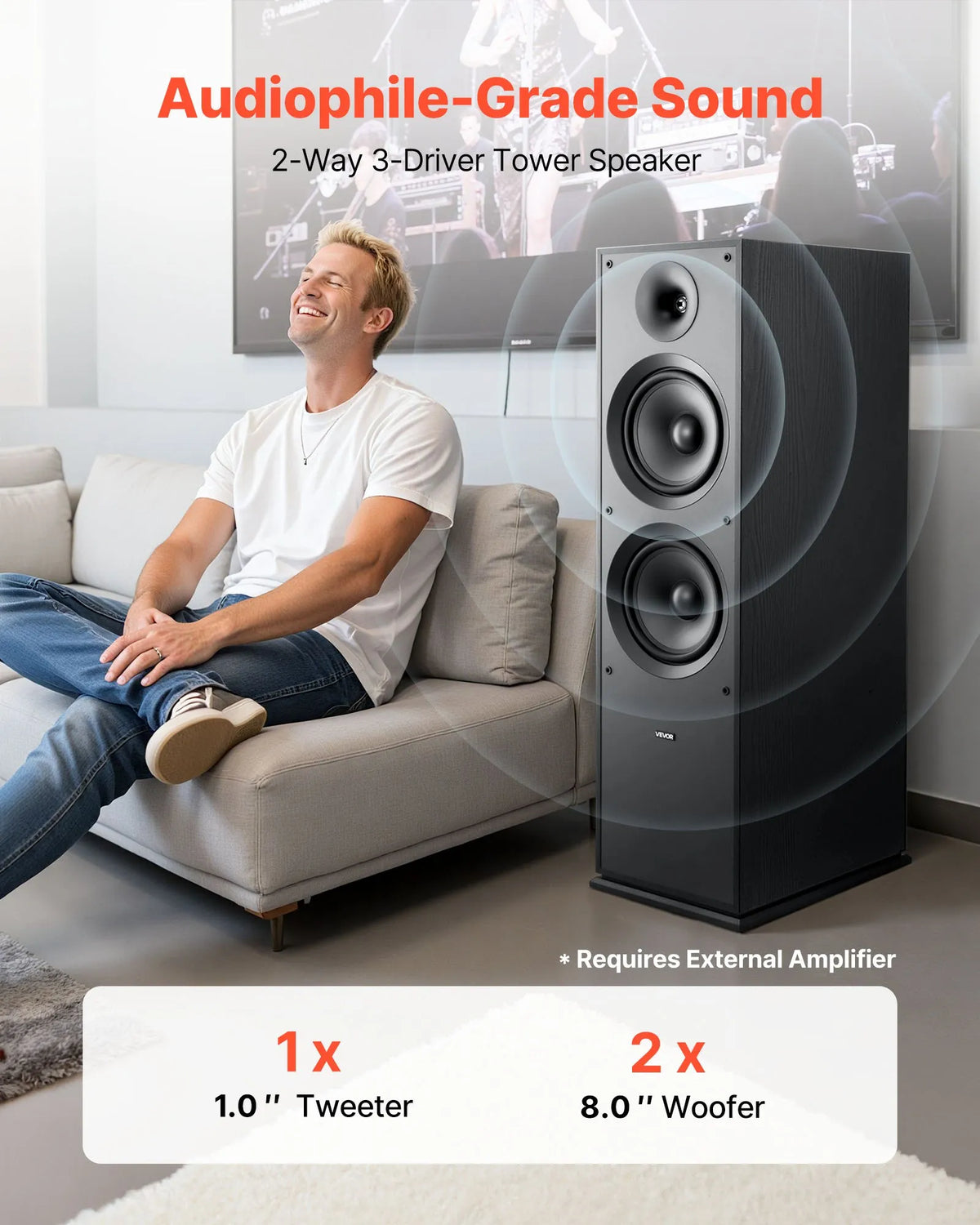 VEVOR grīdas skaļrunis, 2-ceļu torņa tipa modelis ar 25,4 mm augstfrekvences skaļruni un diviem 203,2 mm zemfrekvences skaļruņiem, 600 W maksimumjauda, 50 Hz–20 kHz frekvenču diapazons, MDF korpuss, vienība