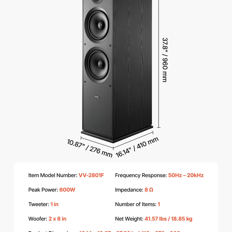 VEVOR grīdas skaļrunis, 2-ceļu torņa tipa modelis ar 25,4 mm augstfrekvences skaļruni un diviem 203,2 mm zemfrekvences skaļruņiem, 600 W maksimumjauda, 50 Hz–20 kHz frekvenču diapazons, MDF korpuss, vienība