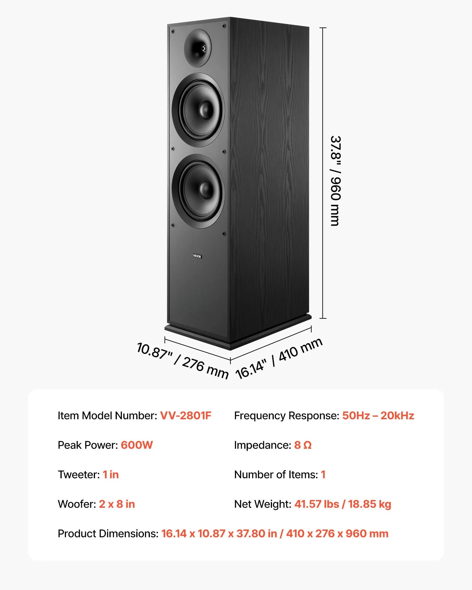 VEVOR grīdas skaļrunis, 2-ceļu torņa tipa modelis ar 25,4 mm augstfrekvences skaļruni un diviem 203,2 mm zemfrekvences skaļruņiem, 600 W maksimumjauda, 50 Hz–20 kHz frekvenču diapazons, MDF korpuss, vienība