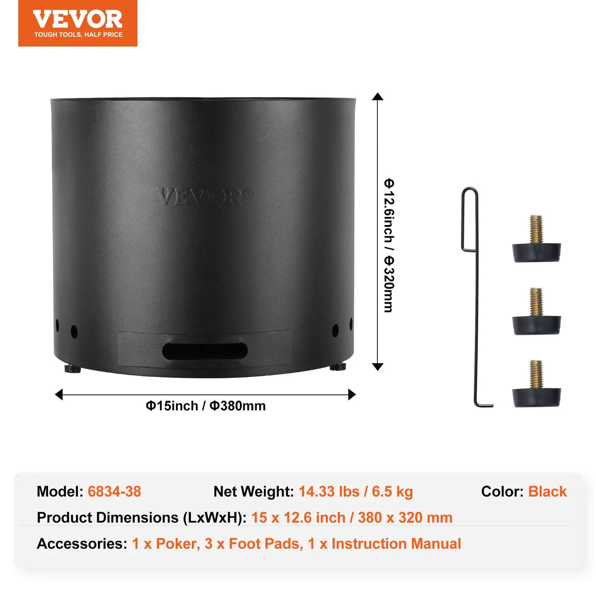VEVOR bezdūmu ugunskura krāsns 38 cm diametrā un 32 cm augstumā, malkas kurināma, ar noņemamu pelnu trauku, SUS430 nerūsējošā tērauda iekšpusi, pārnēsājama, piemērota terasēm un kempingiem