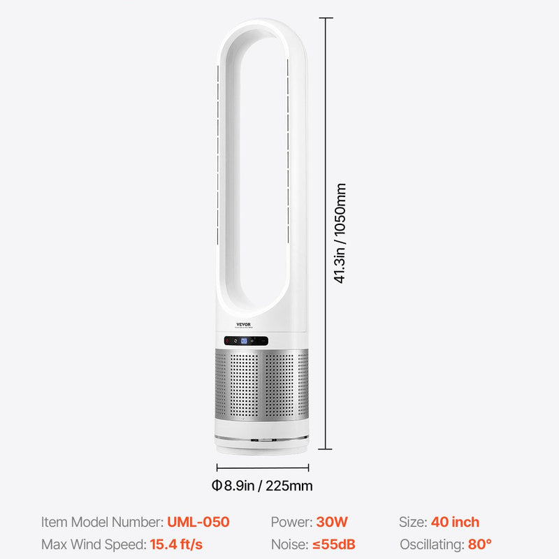VEVOR 40" Oscilējošais Torņa Ventilators ar 8 Stundu Taimeri un 4,7 m/s Gaisa Plūsmas Ātrumu, Tālvadības Pulti