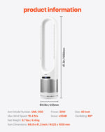 VEVOR 40" Oscilējošais Torņa Ventilators ar 8 Stundu Taimeri un 4,7 m/s Gaisa Plūsmas Ātrumu, Tālvadības Pulti