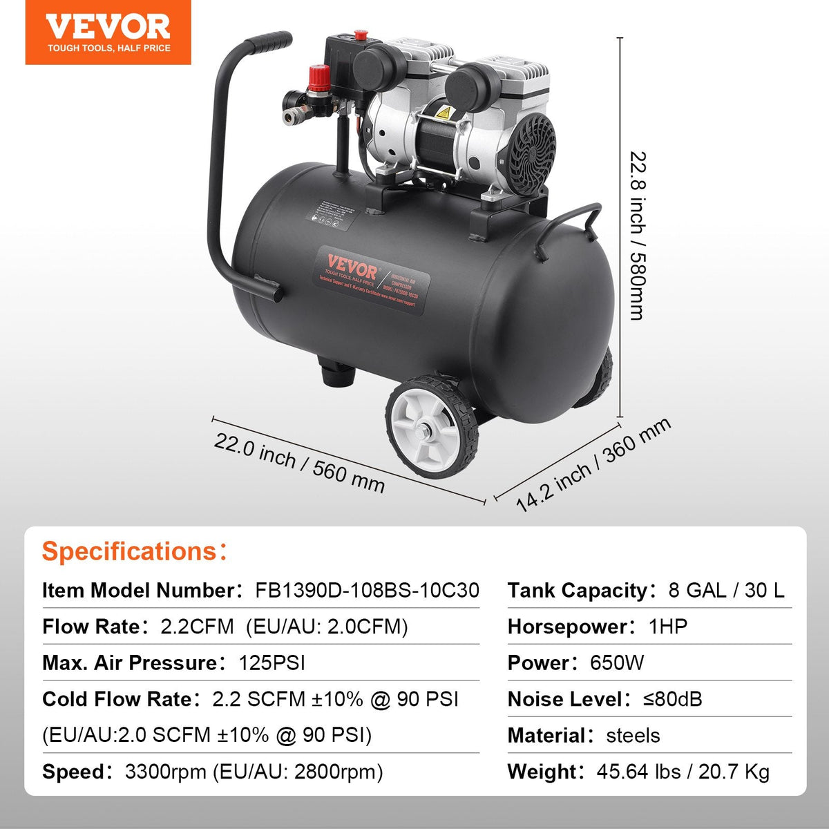 VEVOR kompaktā pārnēsājamā bez-eļļas gaisa kompresors, 30 l, 6,2 bar
