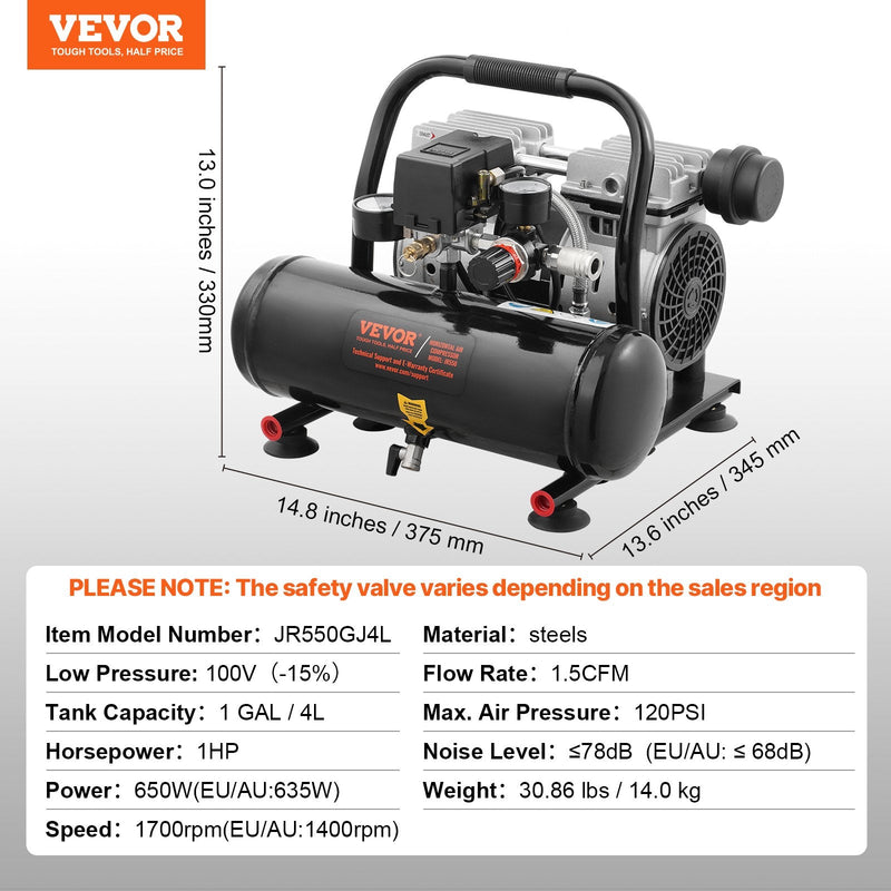 VEVOR gaisa kompresors – kompakts, pārnēsājams, bez eļļas, 3,8 l, 7 bāri