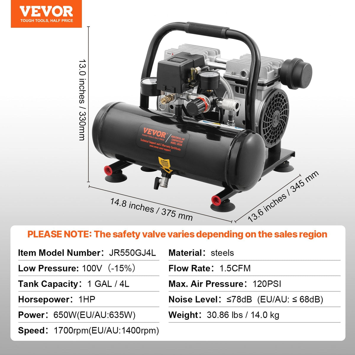 VEVOR gaisa kompresors – kompakts, pārnēsājams, bez eļļas, 3,8 l, 7 bāri