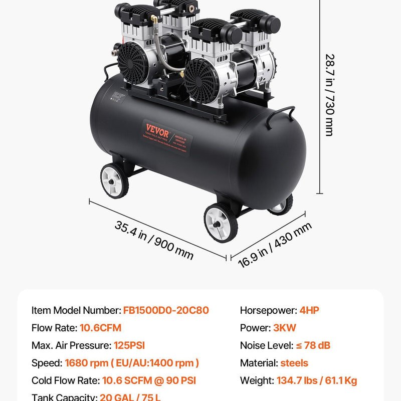 VEVOR kompakts un pārnēsājams bez eļļas gaisa kompresors, 75 L, 6,2 bar (90 PSI)
