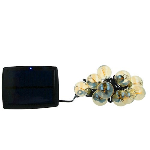 koos päikesepaneeliga 5.5m LED string valgustus 10 GOLD FILAMENT pirniga, iga 0.5W(240Lm) E12 G40, kõrge efektiivsusega päikesepaneeliga 5.5V 0.5W 120mA, 3.7V 18650 Li 2200mAh, DC3V, IP44
