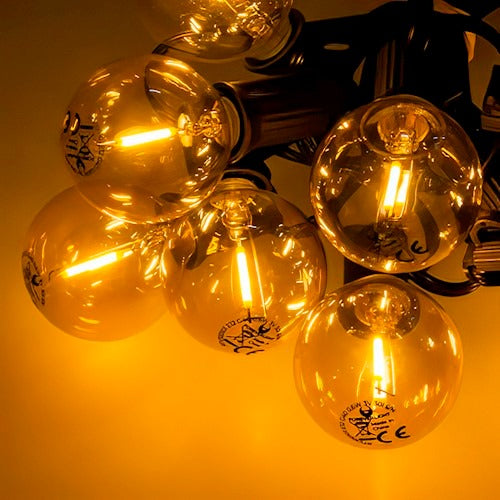 koos päikesepaneeliga 5.5m LED string valgustus 10 GOLD FILAMENT pirniga, iga 0.5W(240Lm) E12 G40, kõrge efektiivsusega päikesepaneeliga 5.5V 0.5W 120mA, 3.7V 18650 Li 2200mAh, DC3V, IP44