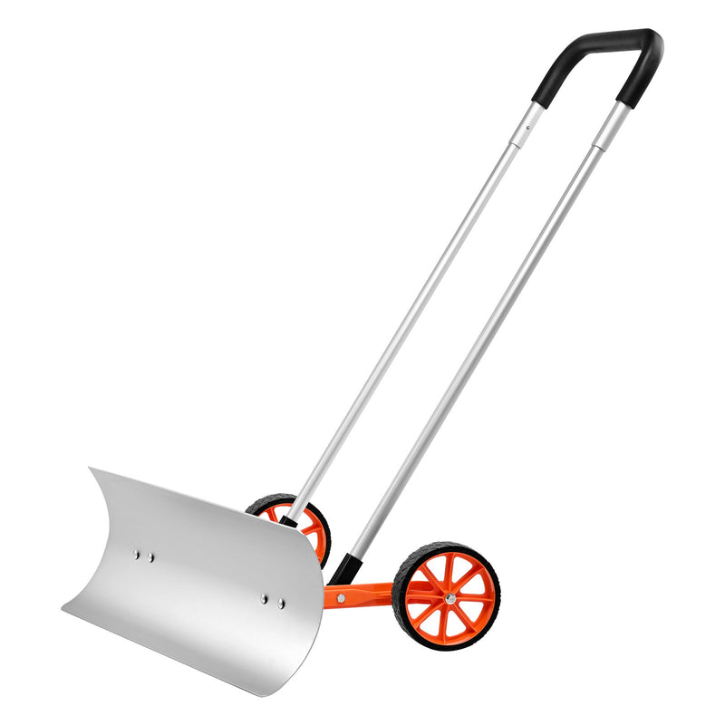 Wheeled Snow Shovel, 76.2 cm metal driveway snow shovel, heavy-duty shovel pusher with wide blade and U-shaped aluminium alloy handle