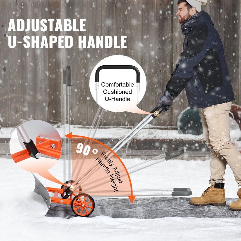 Wheeled Snow Shovel, 76.2 cm metal driveway snow shovel, heavy-duty shovel pusher with wide blade and U-shaped aluminium alloy handle