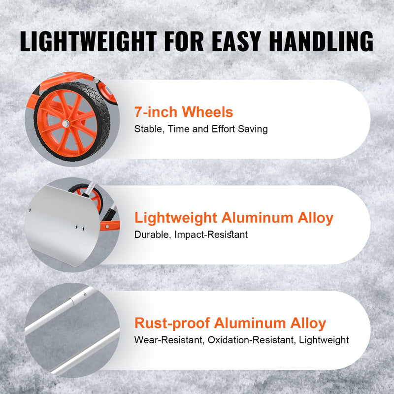 Wheeled Snow Shovel, 76.2 cm metal driveway snow shovel, heavy-duty shovel pusher with wide blade and U-shaped aluminium alloy handle