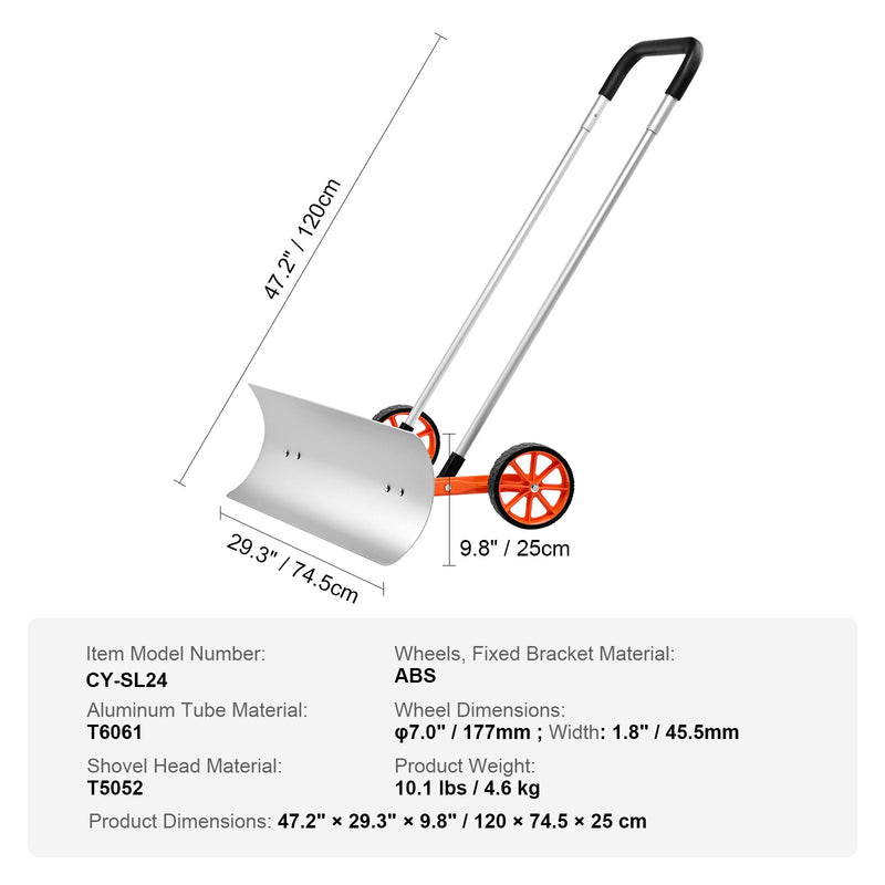 Wheeled Snow Shovel, 76.2 cm metal driveway snow shovel, heavy-duty shovel pusher with wide blade and U-shaped aluminium alloy handle
