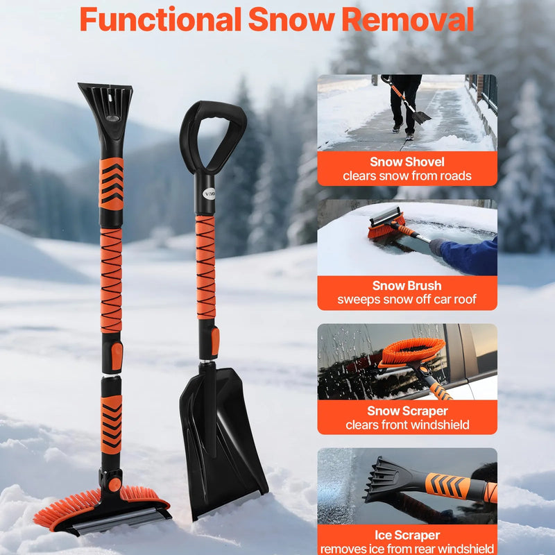 VEVOR pagarināms 107 cm sniega tīrīšanas rīks ar 180° grozāmu birstes galvu, neslīdošu rokturi un ledus skrāpi, piemērots automašīnām, kravas auto un apvidus transportlīdzekļiem